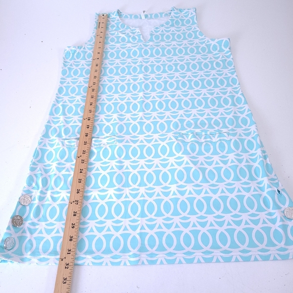 Lulu-B Sleeveless Mini Dress M Turquoise White Stretch Pockets Buttons - Picture 5 of 10